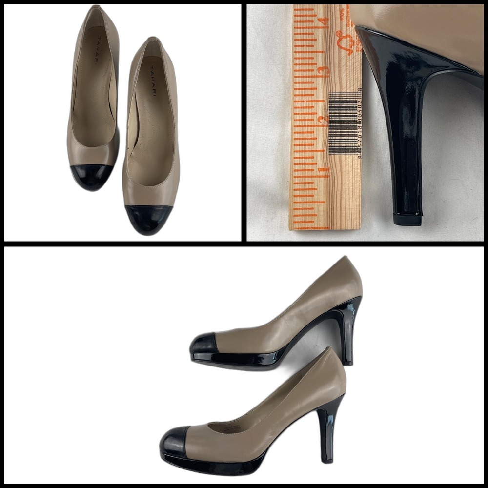 Tahari Laura Cap Toe Pumps Tan Black Leather Block Heel‎ Women's Size 9M